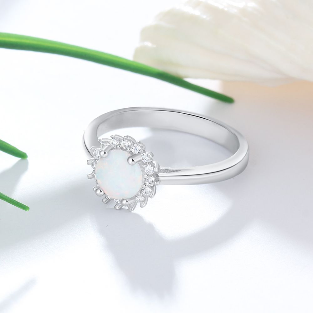 Round Opal Zircon Flower Halo Sterling Silver Ring