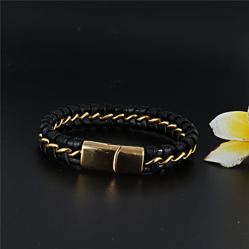 Titanium Steel Braided Leather Bracelet with Magnetic Buckle for Men - Stylish Multi-layer Design