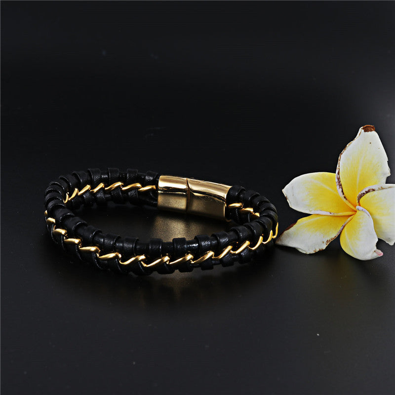 Titanium Steel Braided Leather Bracelet with Magnetic Buckle for Men - Stylish Multi-layer Design