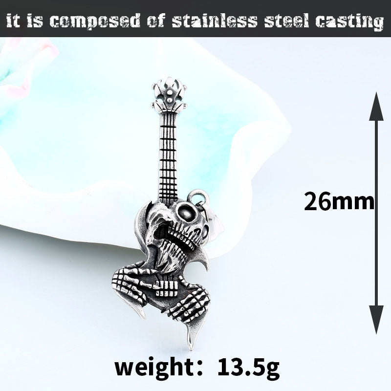 Titanium Steel Punk Skull Guitar Pendant for Men - Retro Trendy Accessory