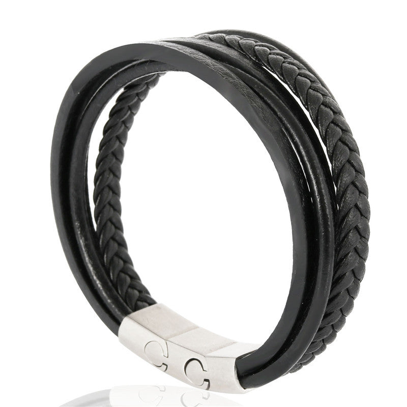 Titanium Steel Five-Ring Leather Bracelet: A Stylish Fusion of Japanese and Korean Fashion for Men