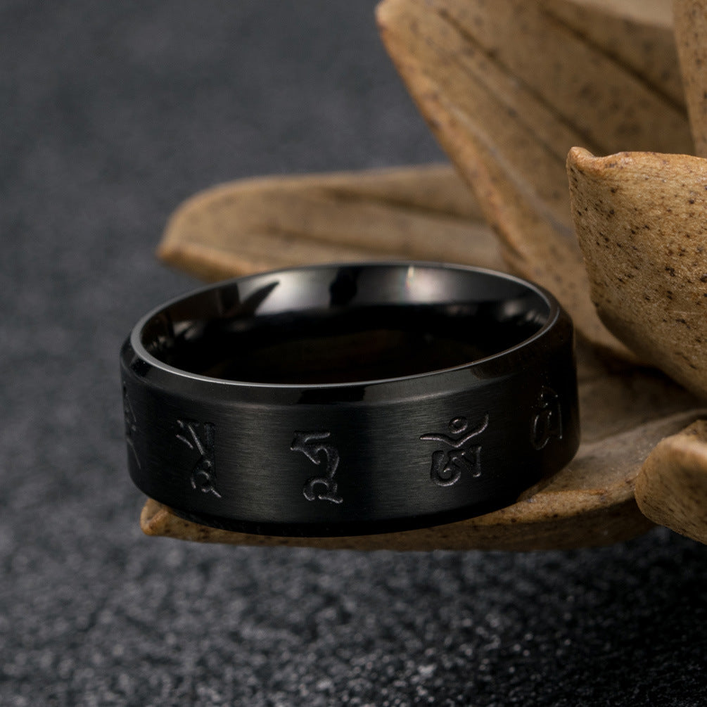 Black God of Wealth Mantra Men's Ring with Runes Design