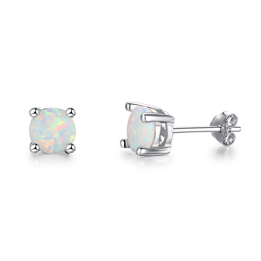 Solitaire 6mm Round Opal Sterling Silver Stud Earrings