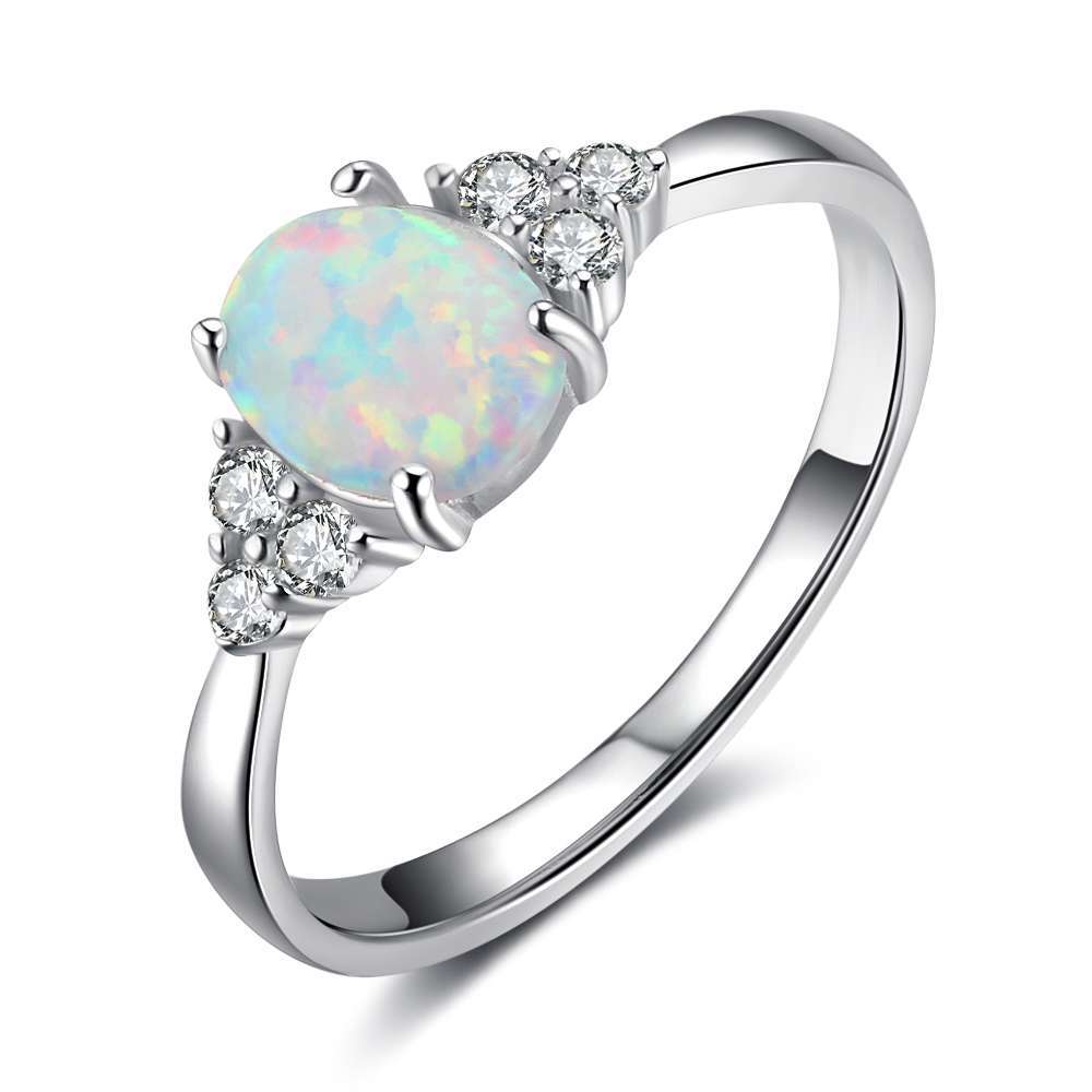 Oval Opal with Six Small Zircon Silver Sterling Ring