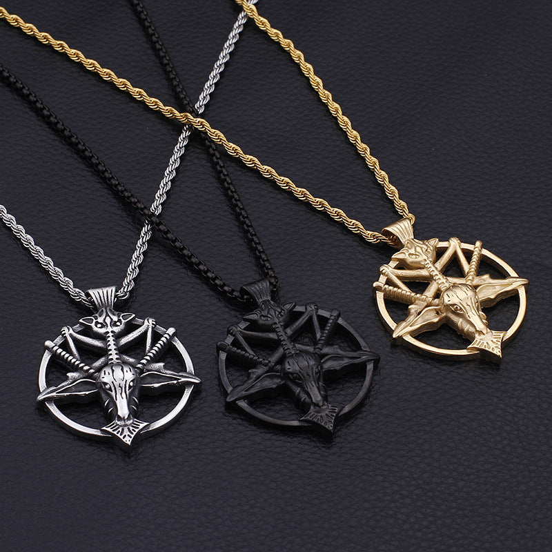 Retro Literary Skull Sheep Head Pendant with Pan Shen Round Titanium Steel Detail
