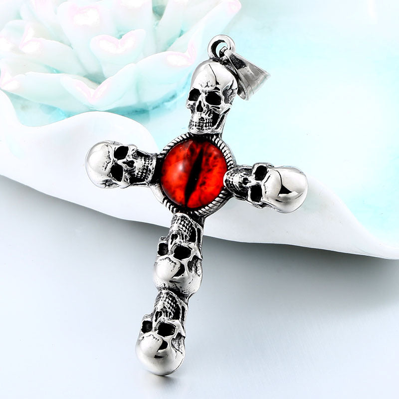 Men's Vintage Titanium Steel Skull Cross Pendant - Punk Ruby Accent Jewelry for Men