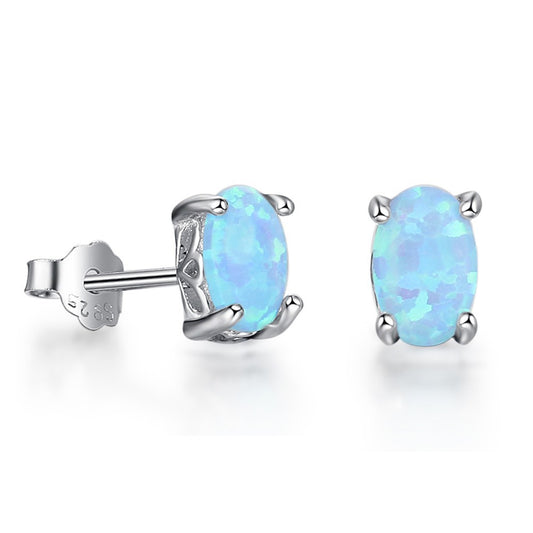 Four Prongs 6mm Blue Oval Opal Sterling Silver Stud Earrings
