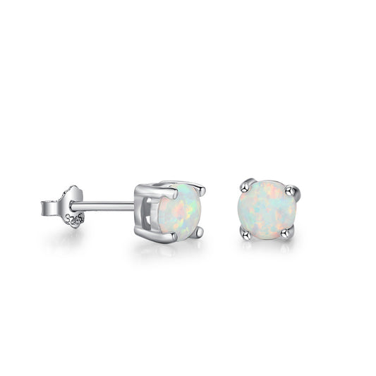 Solitaire 5mm Round Opal Sterling Silver Stud Earrings