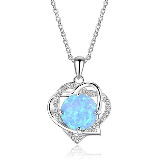 Round Blue Opal Double Heart Shape Zircon Sterling Silver Necklace