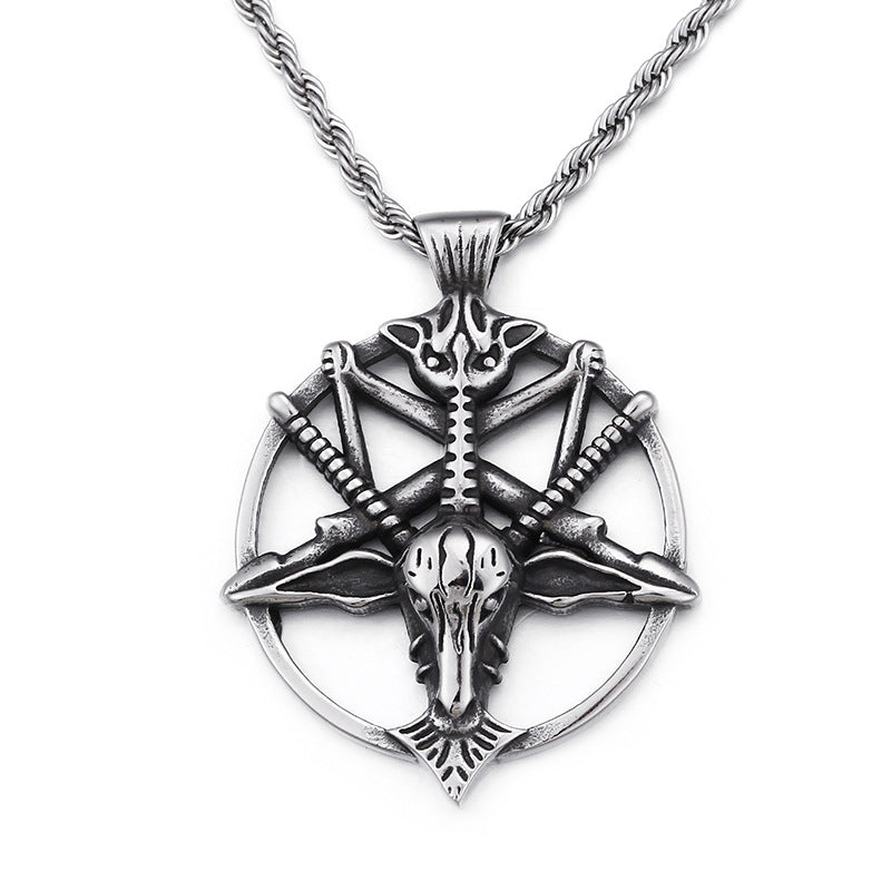 Retro Literary Skull Sheep Head Pendant with Pan Shen Round Titanium Steel Detail