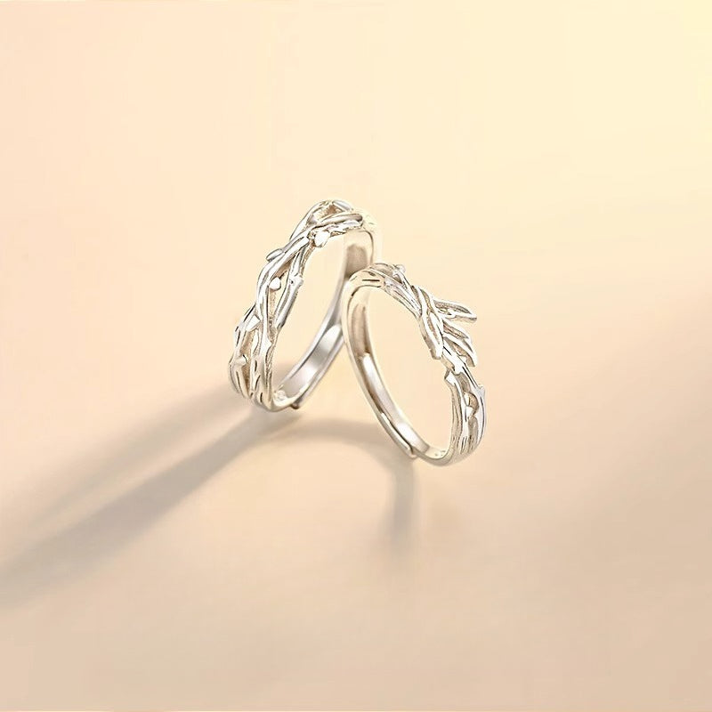 Planderful Sterling Silver Bird Couple Ring with Blue Eucalyptus Design Adjustable Gift for Him and Her