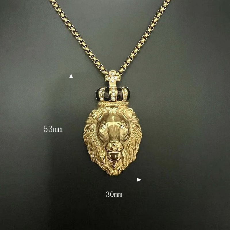 Steel Necklace – Statement Rhinestone Crown Lion Pendant