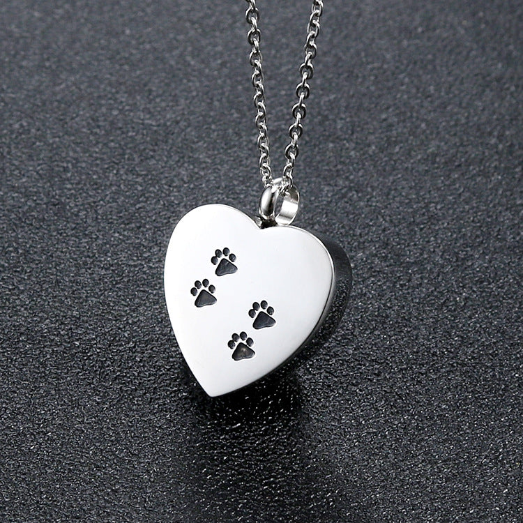 Titanium Steel Heart Pendant with Paw Print Urn for Pet Memorials