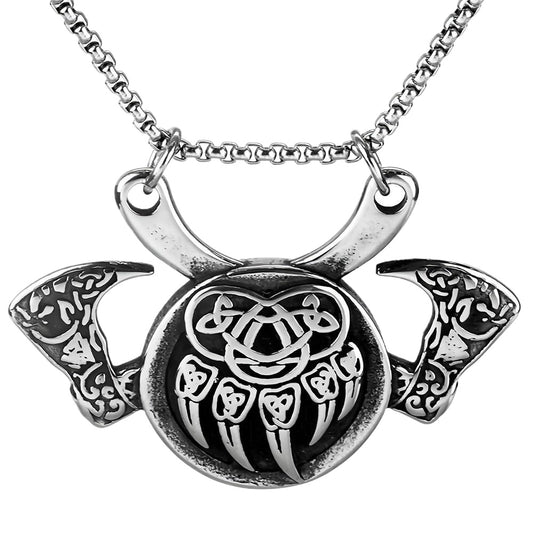 Planderful Viking Pendant Necklace For Men Versatile Vintage Mythic Battle Axe Shield Bear Claw Titanium Steel Jewelry
