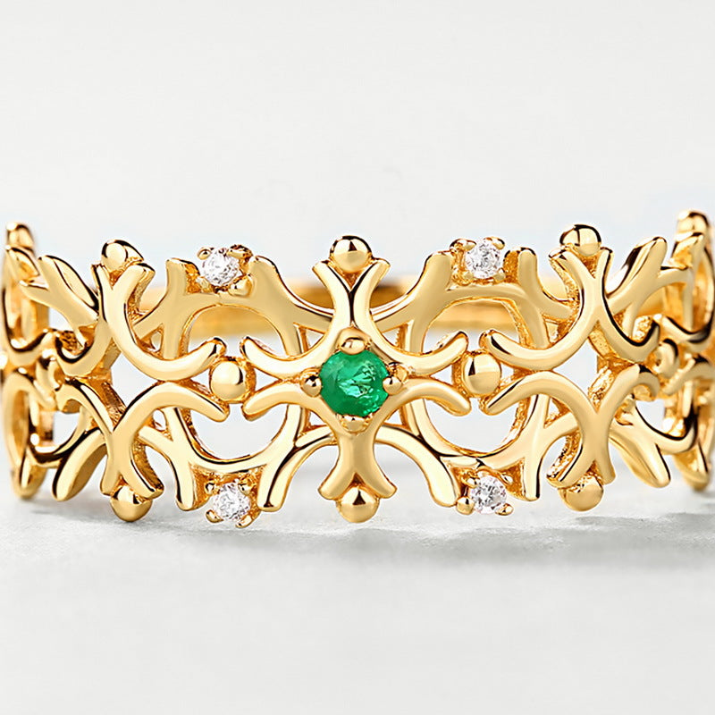 Small Round Emerald Hollow Out Snowflake Zircon Opening Sterling Silve Ring