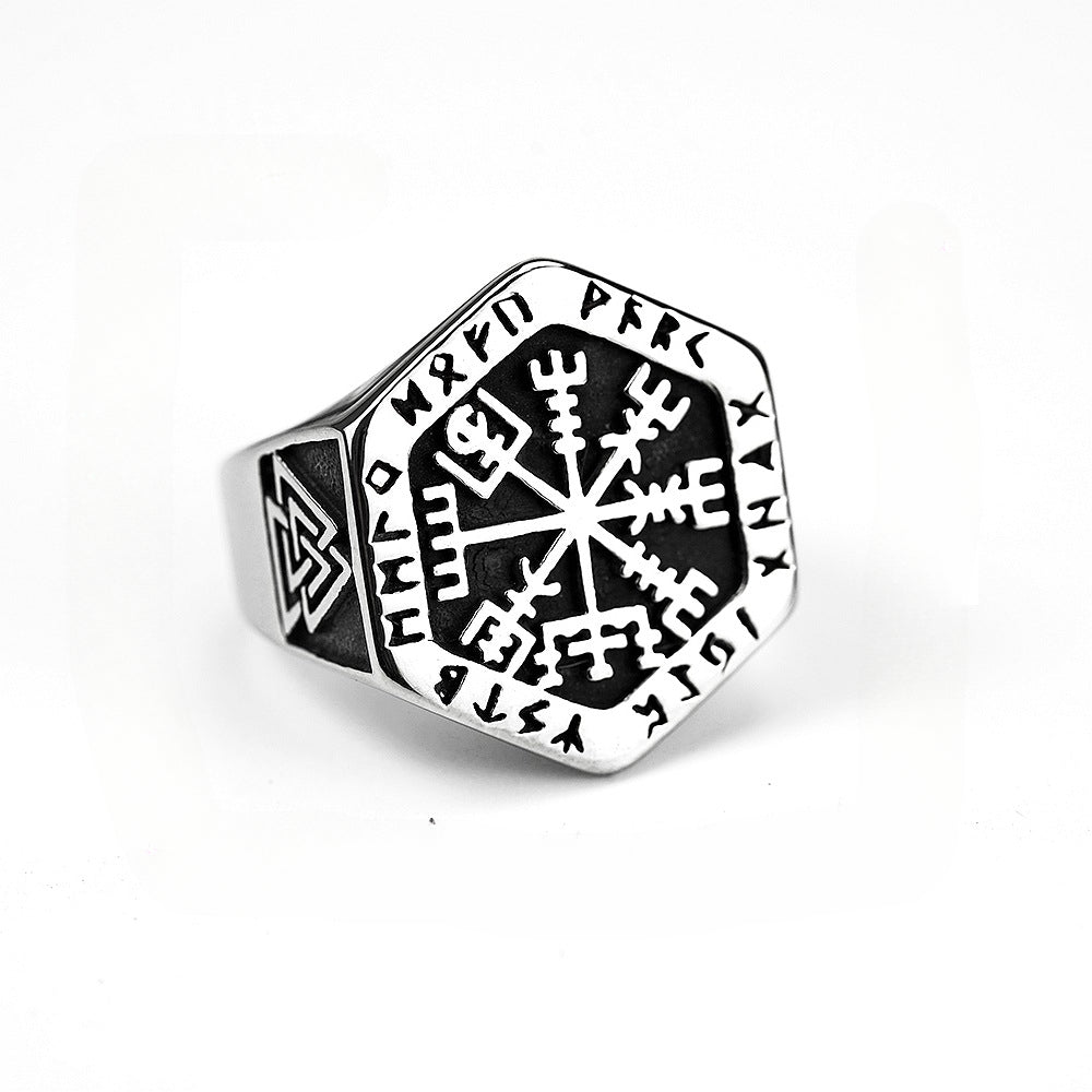 Viking Looney Letter Compass Rune Stainless Steel Ring for Men