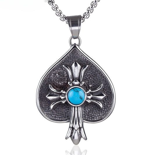 Spades Cross Flower Blue Turquoise Titanium Steel Necklace for Men