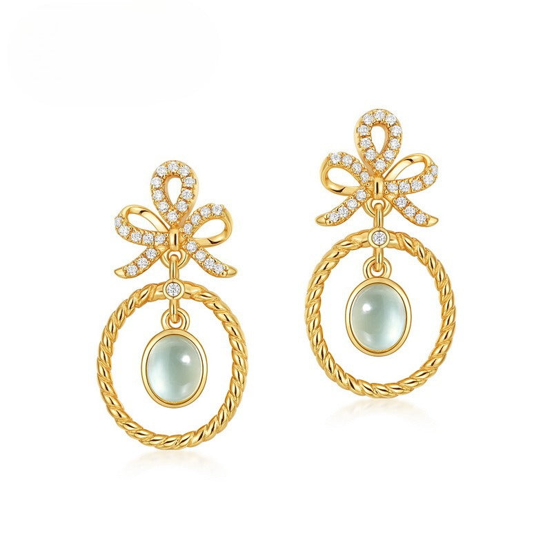 S925 Sterling Silver Gold-Plated Prehnite Vintage-Inspired Stud Earrings