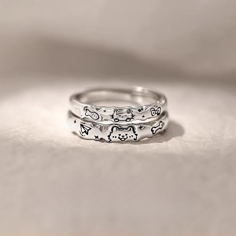 Planderful Sterling Silver Cat And Dog Couple Ring For Girlfriend Adjustable High End Gift