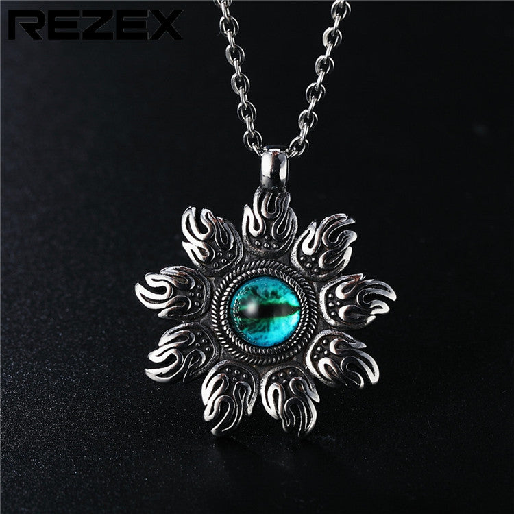 Planderful Devil Eye Pendant Titanium Steel Necklace For Men Unisex Tibetan Lotus Protection Retro Style