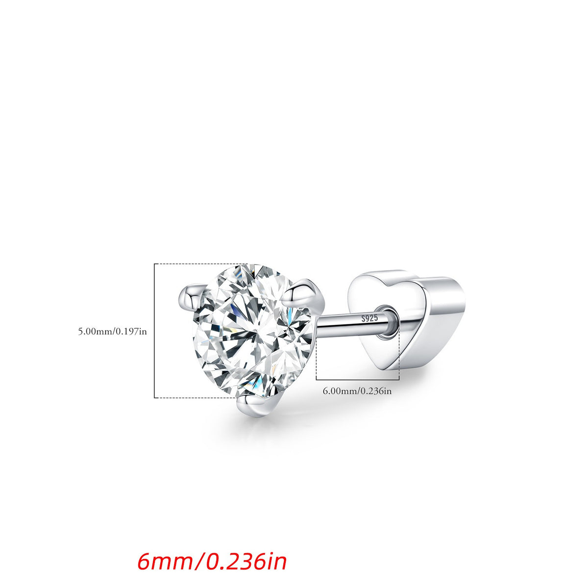 925 Sterling Silver Shining Heart Moissanite Threaded Stud