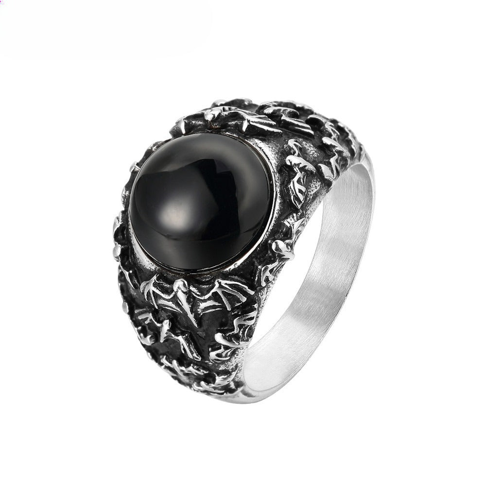 Planderful Titanium Steel Ring For Men Unisex Retro Goth Bat Colored Stone Jewelry Personalized Protection Statement