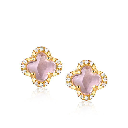 Four Leaves Clover Pink Crystal Silver Stud Earrings