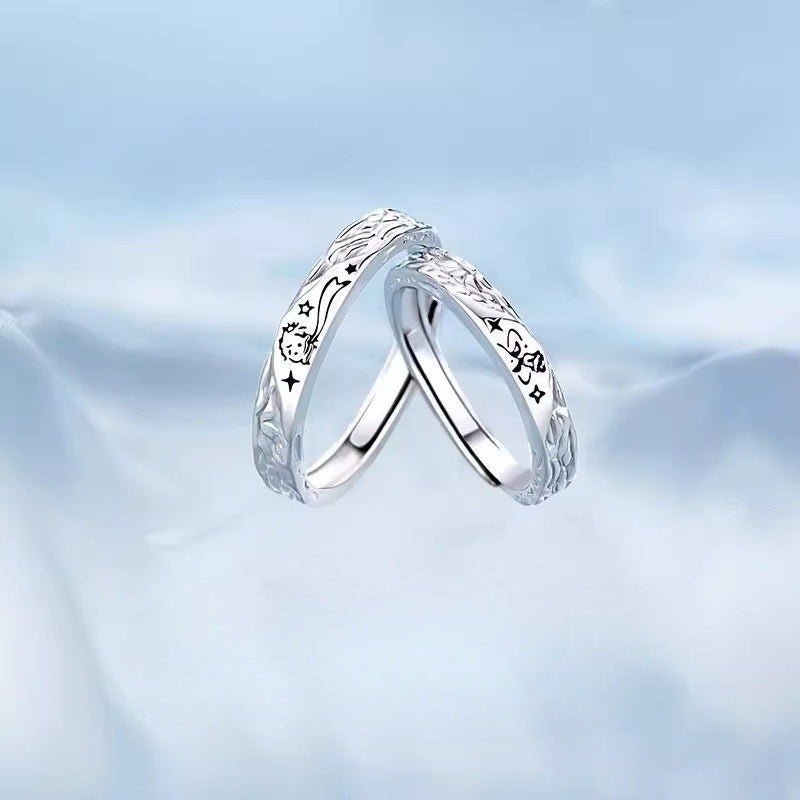 Planderful Sterling Silver Little Prince And Rose Couple Ring Adjustable Opening Gift For Girlfriend Christmas