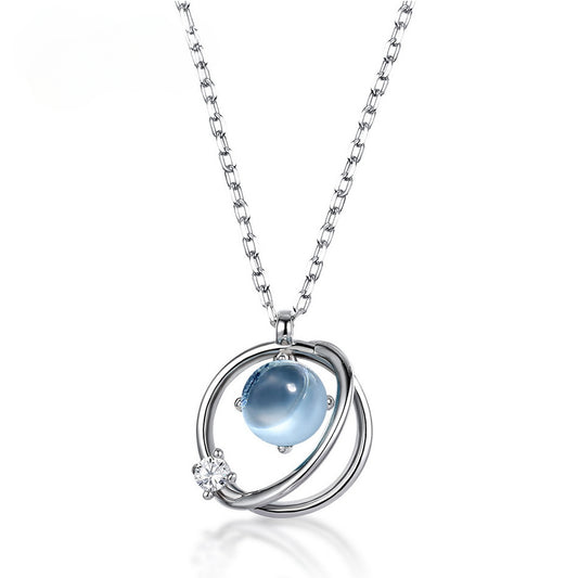 Round Blue Topaz Planet Pendant Sterling Silver Necklace