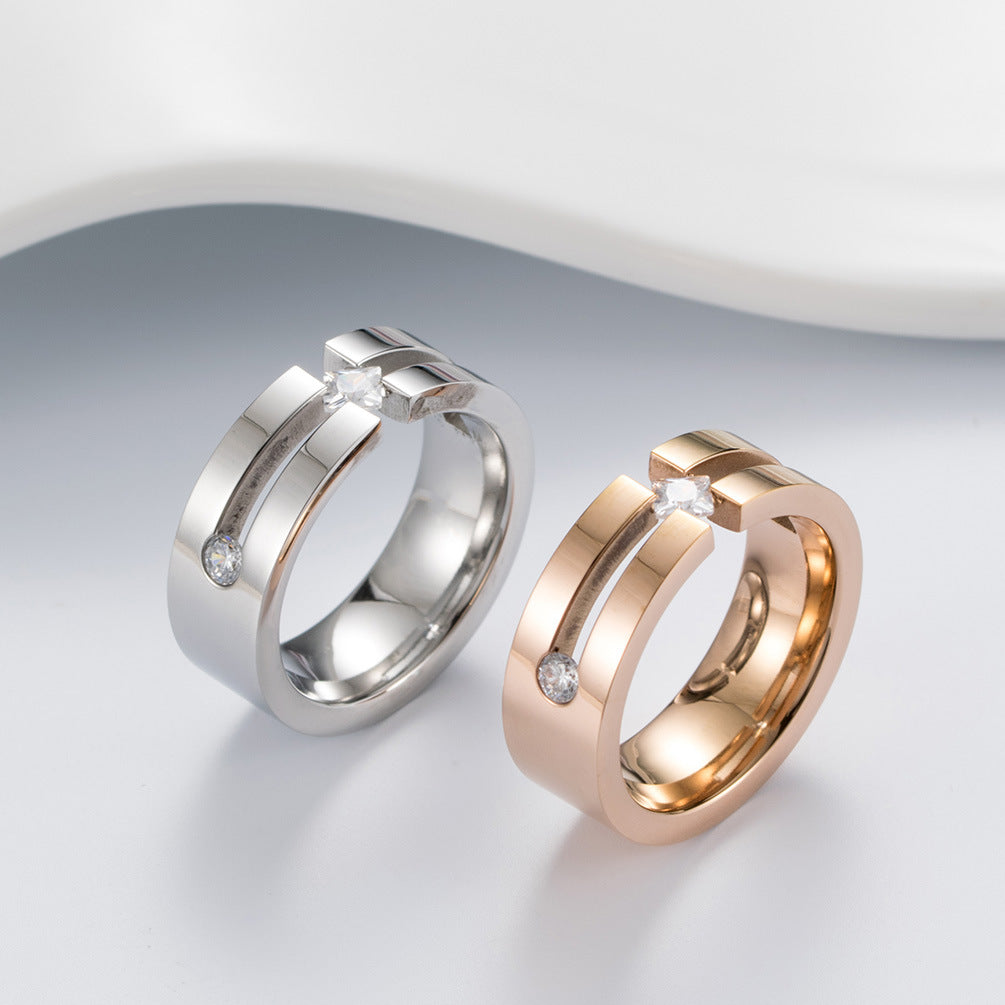 Zircon Zircon Stainless Steel Ring – Square Zircon Couple