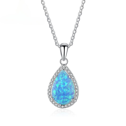 Pear Shape Blue Opal Zircon Soleste Halo Sterling Silver Necklace
