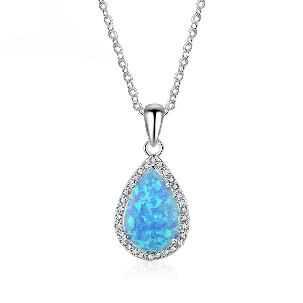 Pear Shape Blue Opal Zircon Soleste Halo Sterling Silver Necklace
