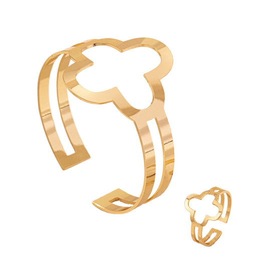 Stylish Metal Four-Leaf Flower Bracelet and Ring Set