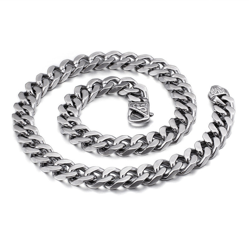 Men's Titanium Steel Necklace, Thick And Wide Whip Chain, Denim Flat Waist Silver