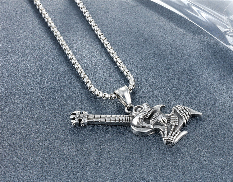Rock Guitar Skull Titanium Steel Pendant Necklace