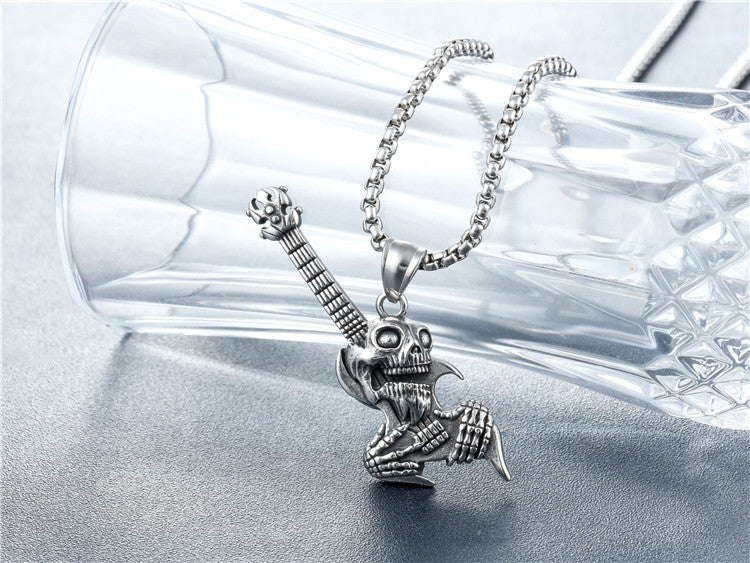 Rock Guitar Skull Titanium Steel Pendant Necklace