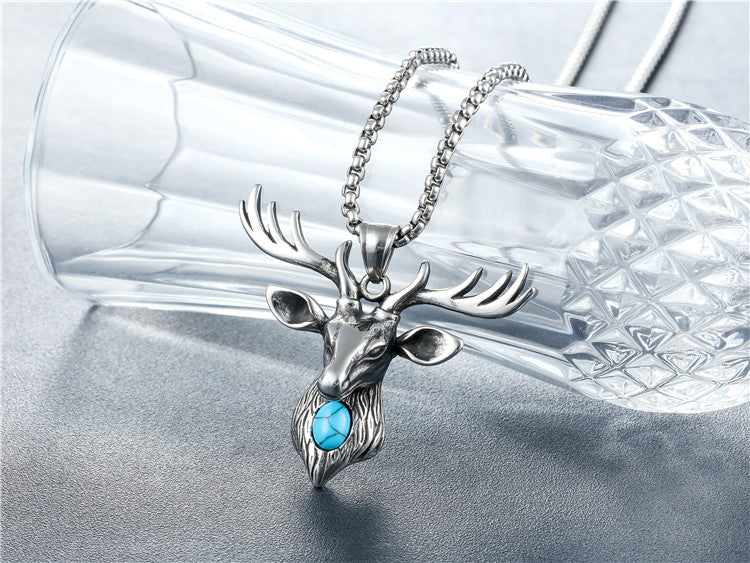 Planderful Personalized Vintage Christmas Elk Turquoise Titanium Steel Pendant Necklace Unisex Protection Statement Gift