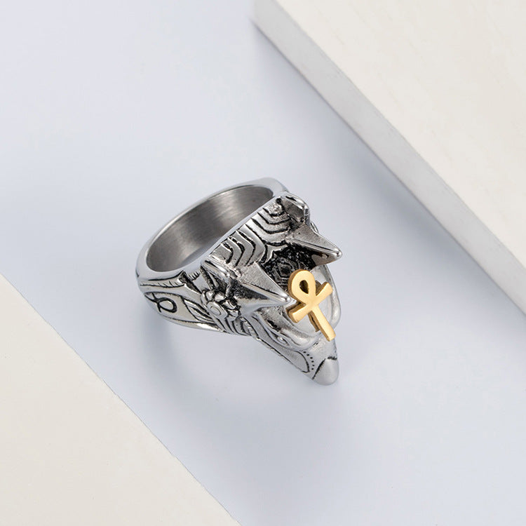 Planderful Anubis Ring Durable Titanium Steel Jackal Head Retro Hip Hop Punk Style For Streetwear Fans Sizes 7 To 12