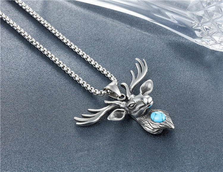 Planderful Personalized Vintage Christmas Elk Turquoise Titanium Steel Pendant Necklace Unisex Protection Statement Gift