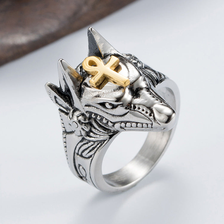 Planderful Anubis Ring Durable Titanium Steel Jackal Head Retro Hip Hop Punk Style For Streetwear Fans Sizes 7 To 12