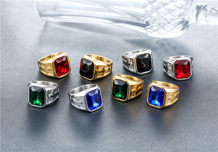 Planderful Punk Cross Titanium Ring Unisex Zircon Shield