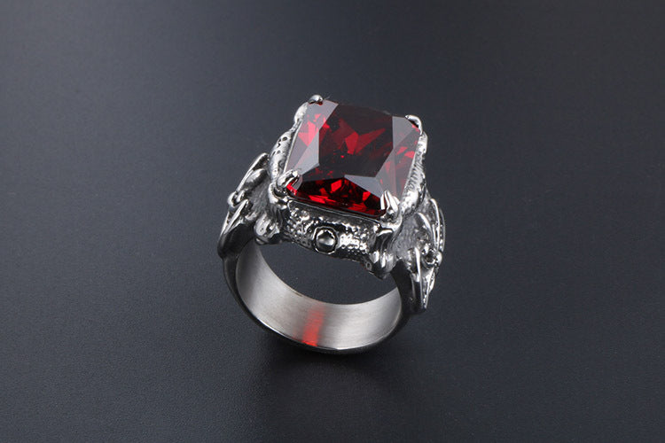 European And American Mens Titanium Steel Ring Red Zircon