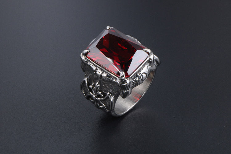 European And American Mens Titanium Steel Ring Red Zircon