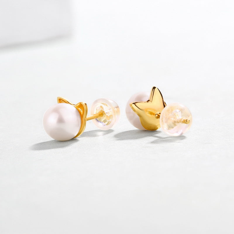 Natural Freshwater Pearl Small Meow Cat Sterling Silver Stud Earrings