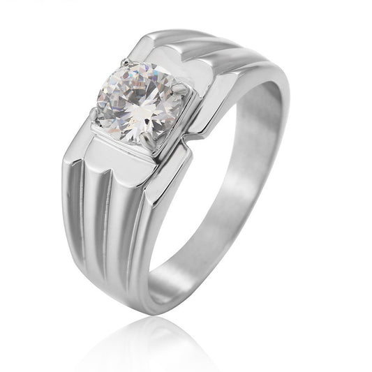 Stylish Men's Titanium Steel Wedding Ring with Zircon Gem