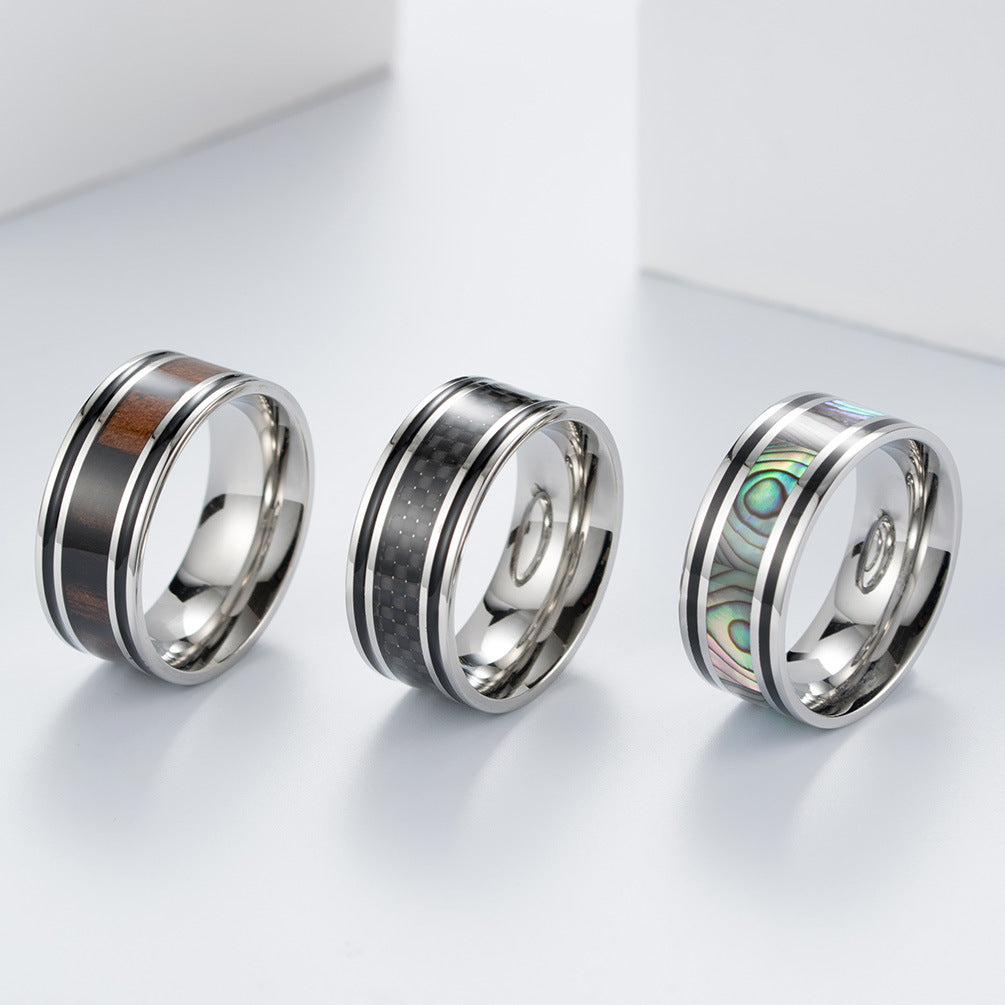 Stainless Steel Epoxy Abalone Fillet Colored Shell Men's Ring – Wood Grain Veneer