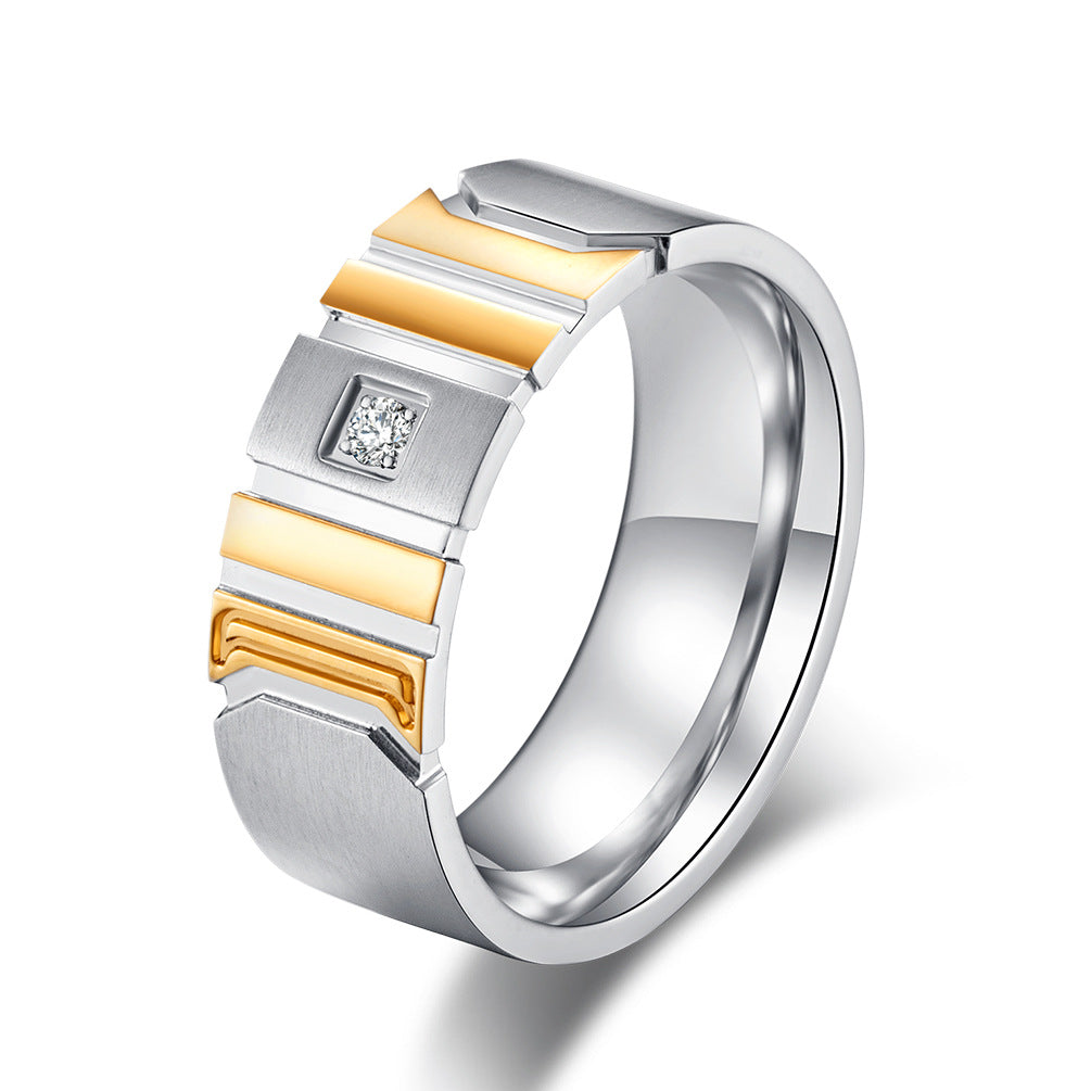 Stainless Steel Gold-Plated Zircon Ring – Engraved Pattern Gold Men's