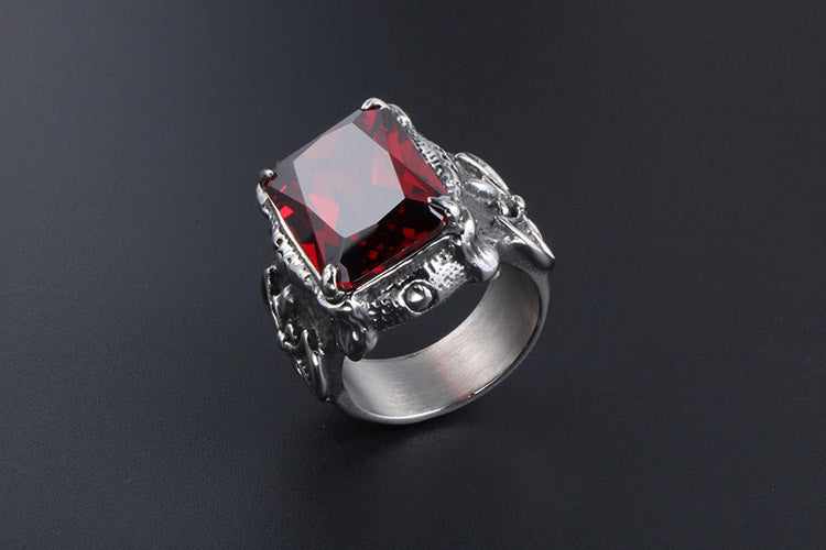 European And American Mens Titanium Steel Ring Red Zircon