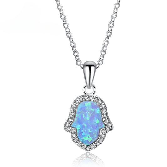 Blue Opal Palm Zircon Soleste Halo Sterling Silver Necklace