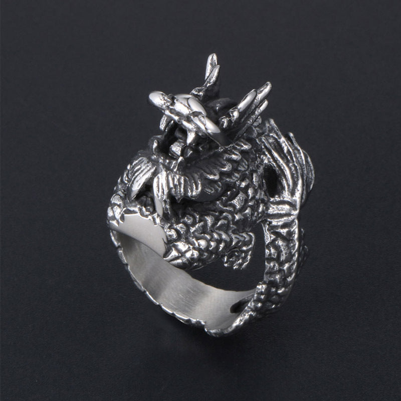 Men's Urban Retro Thai Silver-Style Ring - Hipster Chinese Dragon Design in Titanium Steel
